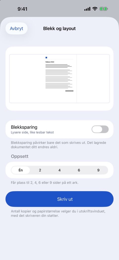 Valg for blekk og layout ved utskrift av et dokument i Papiruno