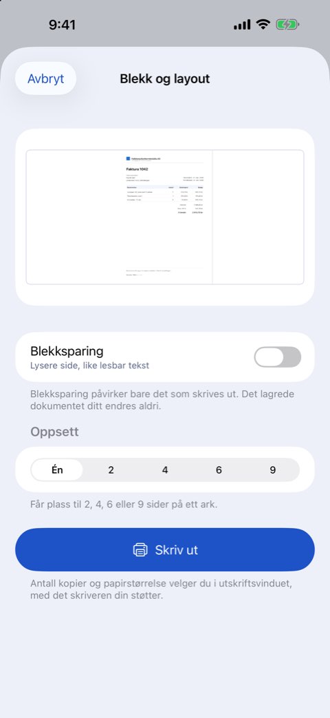 Valg for blekk og layout: sider per ark og blekksparing med forhåndsvisning