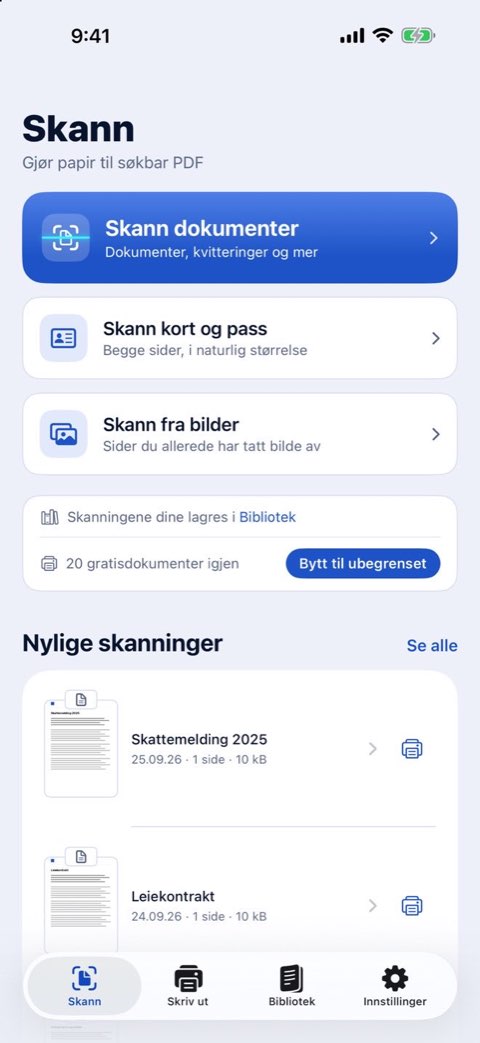Skann-skjermen i Papiruno: skann dokumenter, skann kort og pass, eller skann fra bilder