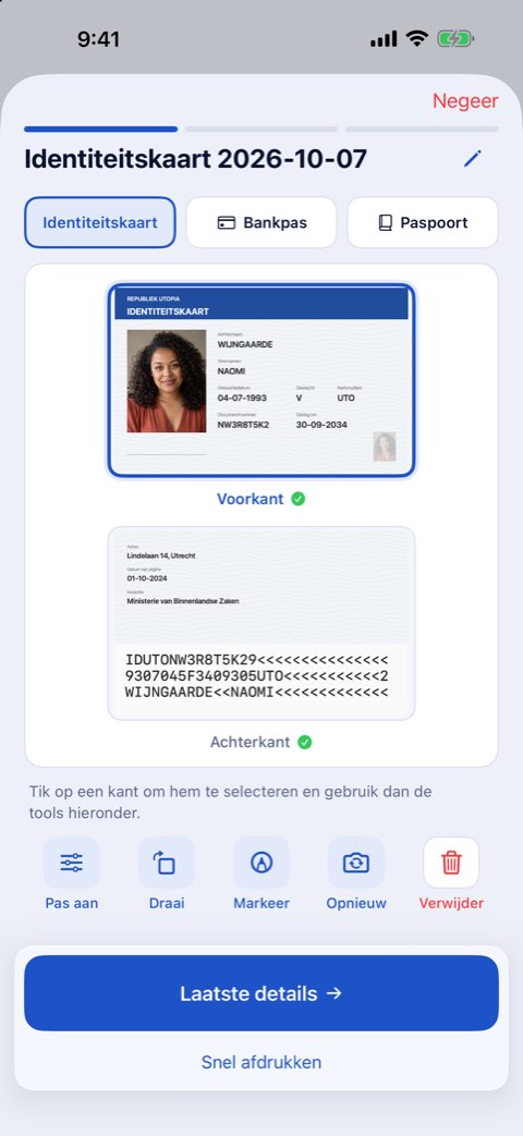 De voor- en achterkant van een identiteitskaart op één pagina, klaar om op ware grootte af te drukken