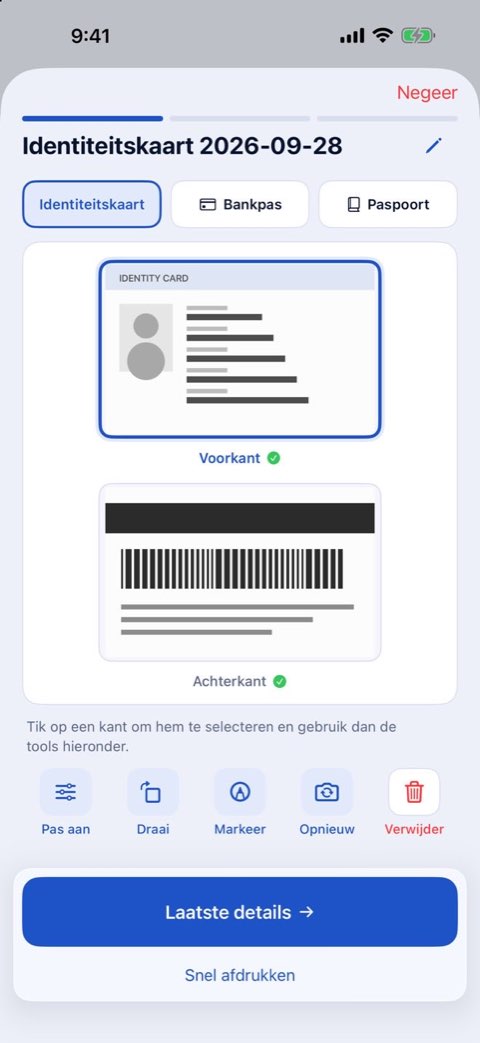 De voor- en achterkant van een identiteitskaart, gescand om op ware grootte af te drukken