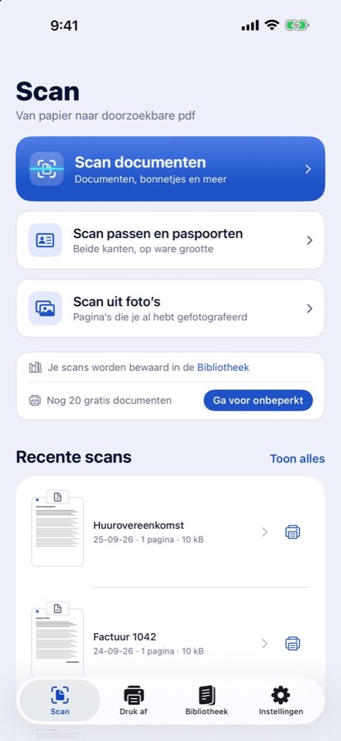 Het scanscherm van Papiruno: documenten scannen, passen en paspoorten scannen, of scannen uit foto’s