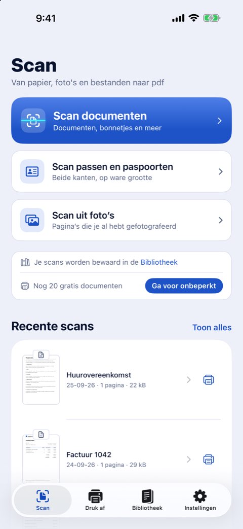 Het tabblad Scan van Papiruno, met Scan documenten, Scan passen en paspoorten en Scan uit foto’s
