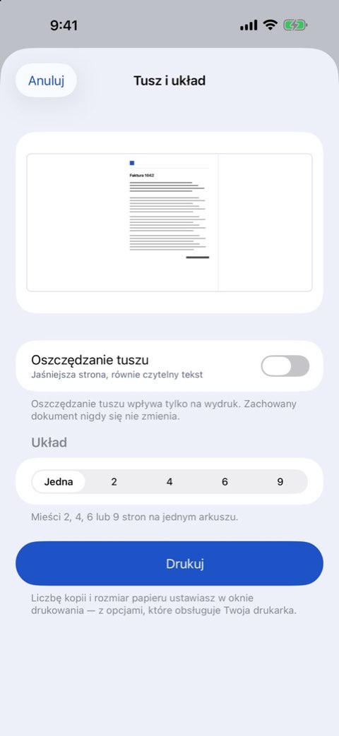 Opcje tuszu i układu do drukowania dokumentu w Papiruno