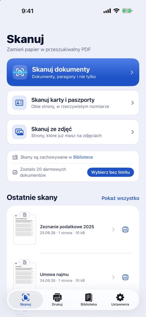 Ekran Skanuj w Papiruno: skanuj dokumenty, karty i paszporty lub ze zdjęć