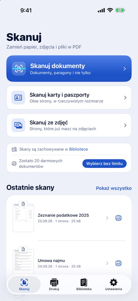 Karta Skanuj w Papiruno z opcjami Skanuj dokumenty, Skanuj karty i paszporty oraz Skanuj ze zdjęć