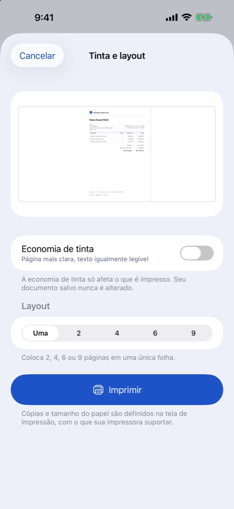 Opções de tinta e layout: páginas por folha e economia de tinta com pré-visualização