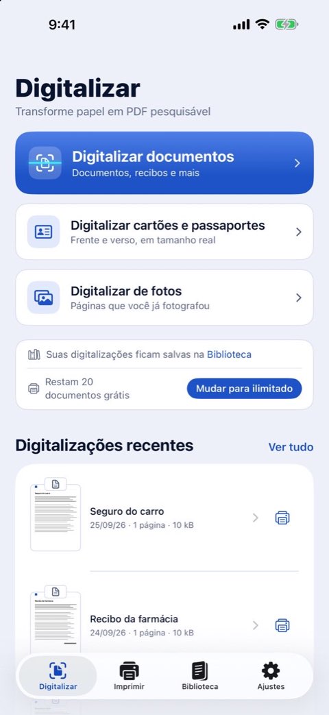 A tela Digitalizar do Papiruno: digitalizar documentos, cartões e passaportes, ou a partir de fotos
