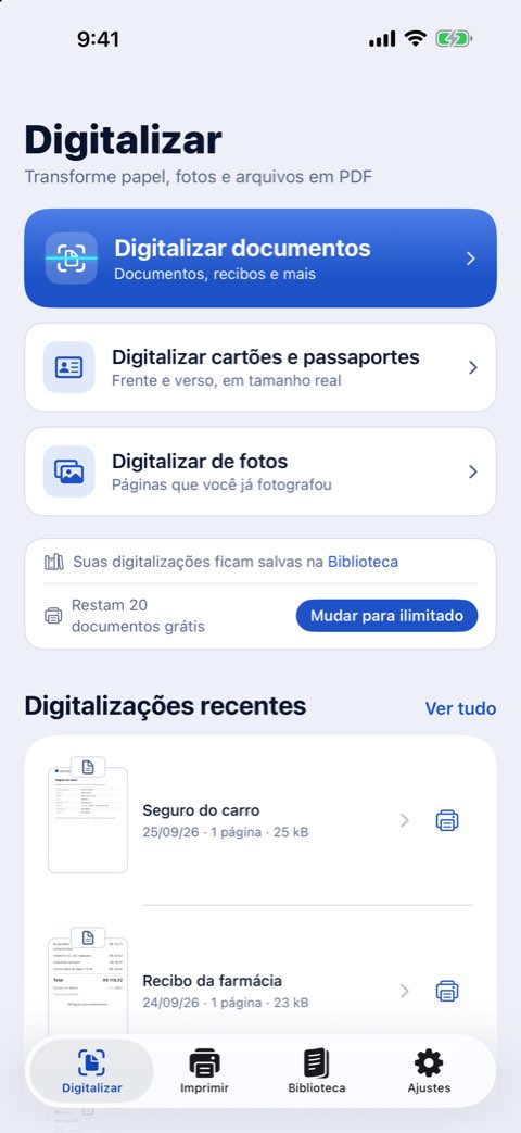 A aba Digitalizar do Papiruno, com Digitalizar documentos, Digitalizar cartões e passaportes e Digitalizar de fotos