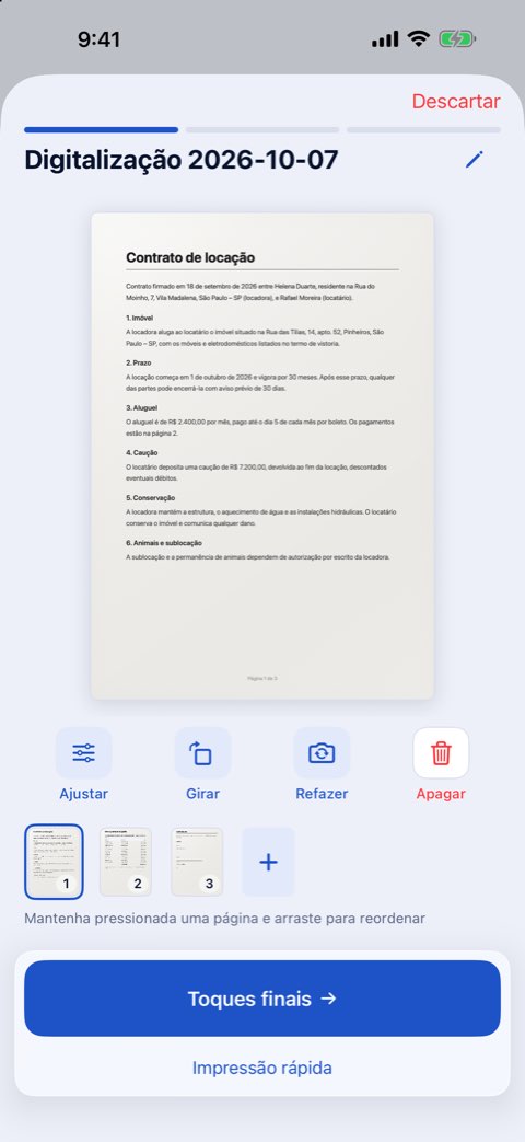 Um documento de três páginas digitalizado no Papiruno, na etapa de pré-visualização