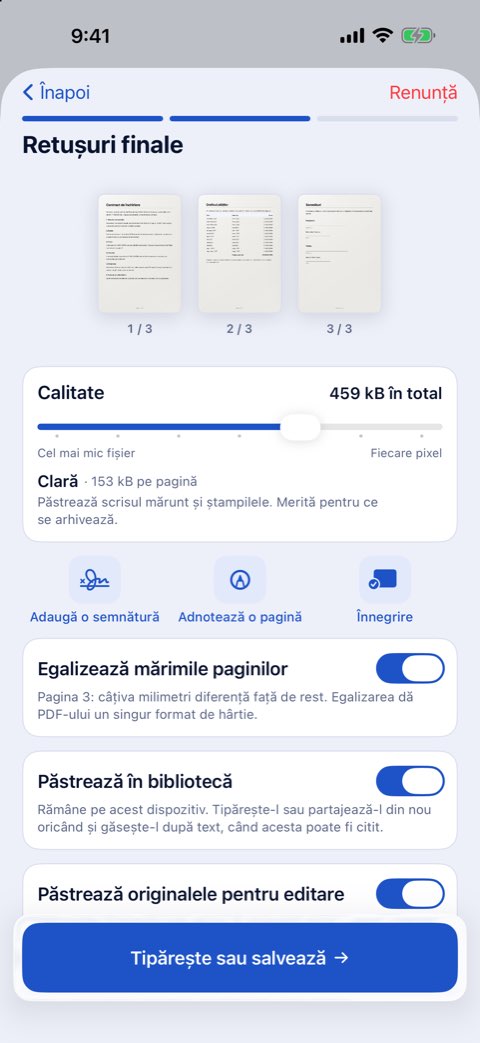 Retușuri finale în Papiruno: calitate, adaugă o semnătură, adnotează o pagină, înnegrire