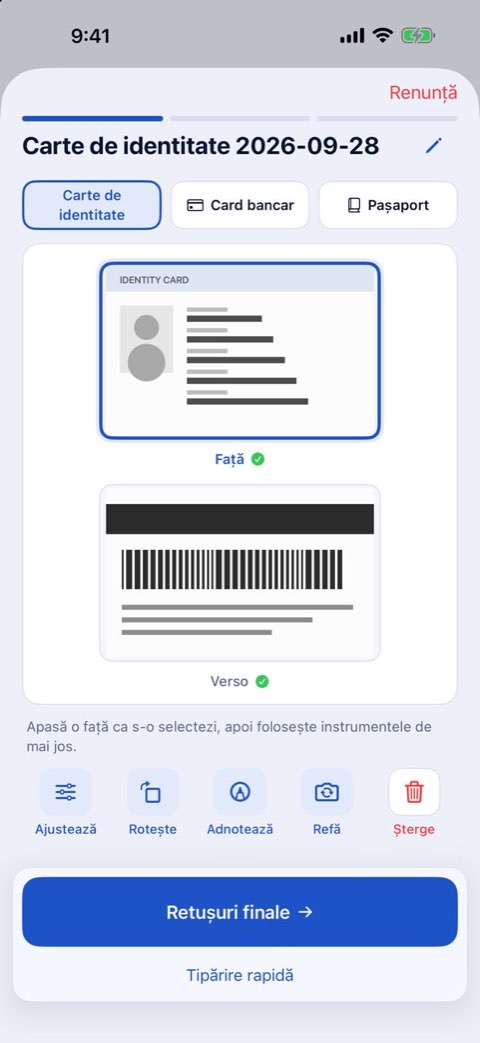 Fața și spatele unei cărți de identitate, scanate pentru tipărire la mărime reală