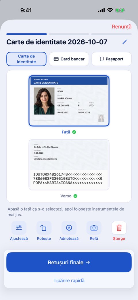 Fața și verso-ul unei cărți de identitate pe o pagină, gata de tipărit la mărime reală