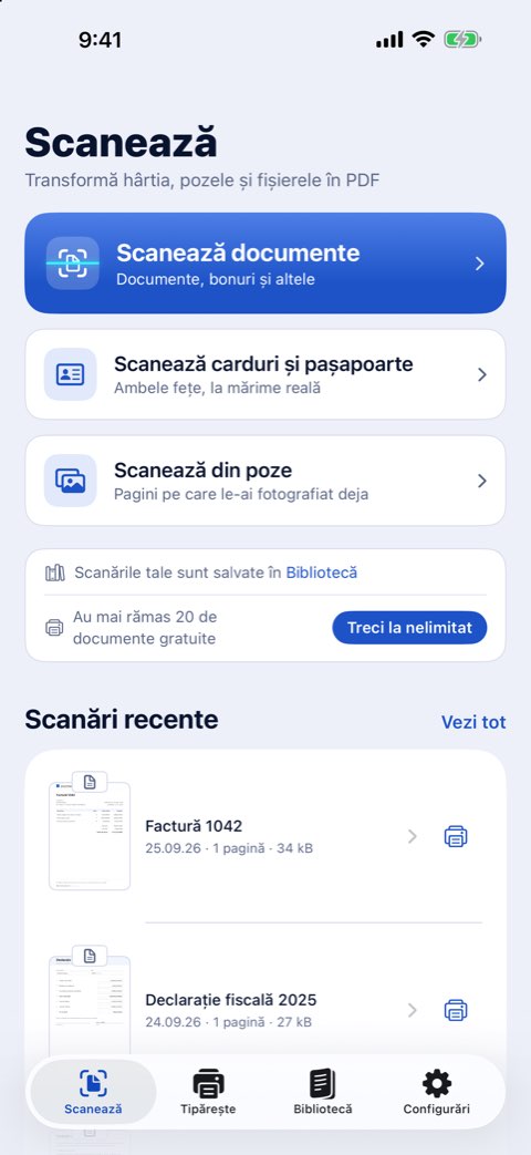 Fila Scanează din Papiruno, cu Scanează documente, Scanează carduri și pașapoarte și Scanează din poze