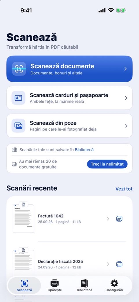 Ecranul Scanează din Papiruno: scanează documente, carduri și pașapoarte sau din poze