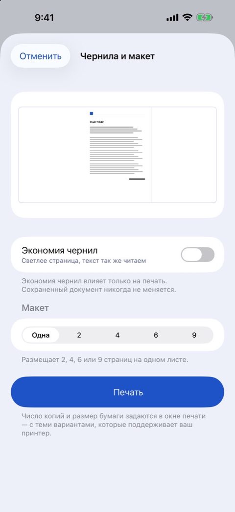Параметры чернил и макета для печати документа в Papiruno