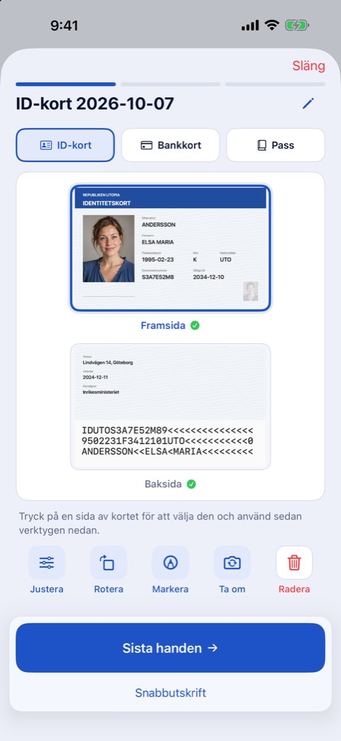 Fram- och baksidan av ett ID-kort på ett ark, redo att skrivas ut i verklig storlek