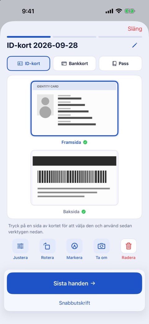 Fram- och baksidan av ett ID-kort, skannade för utskrift i verklig storlek