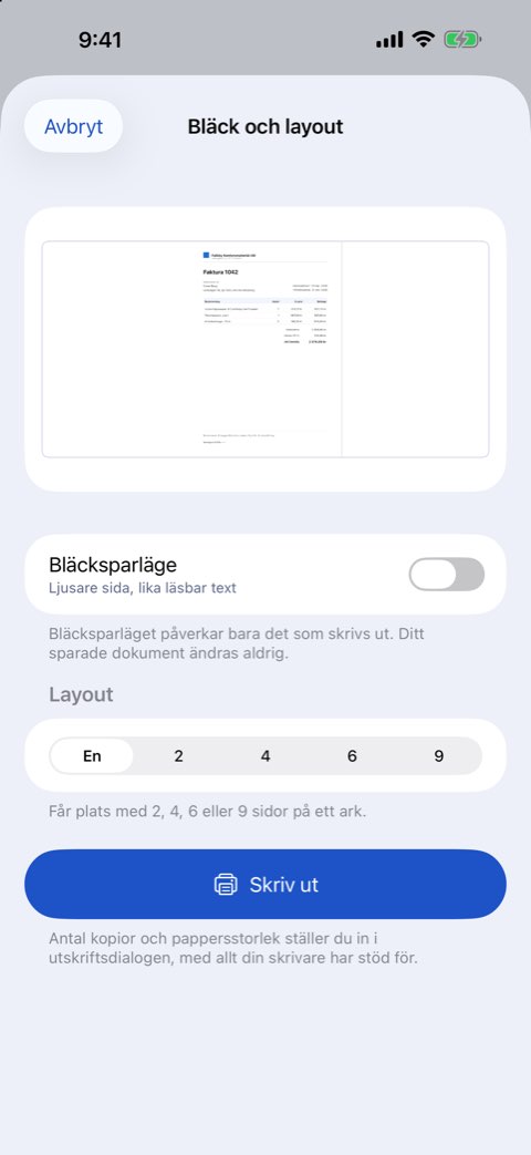 Alternativ för bläck och layout: sidor per ark och bläcksparläge med förhandsvisning