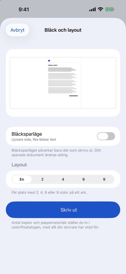 Alternativ för bläck och layout när ett dokument skrivs ut i Papiruno