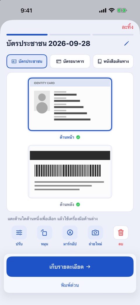 ด้านหน้าและด้านหลังของบัตรประจำตัว สแกนไว้เพื่อพิมพ์ขนาดจริง