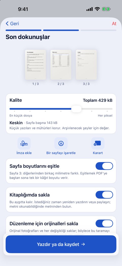 Papiruno’da Son dokunuşlar: kalite, imza ekle, bir sayfayı işaretle, karart