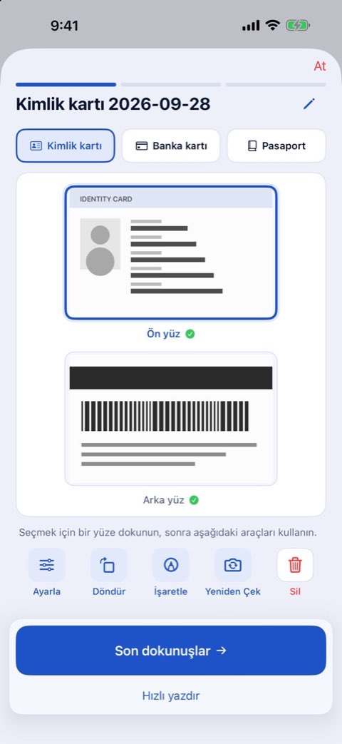 Gerçek boyutta yazdırmak için taranmış bir kimlik kartının ön ve arka yüzü