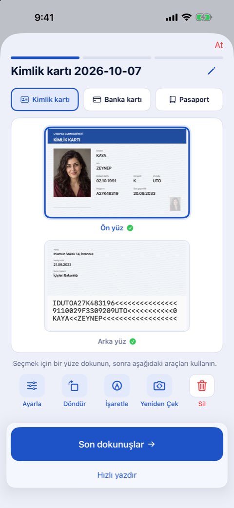 Bir kimlik kartının ön ve arka yüzü tek sayfada, gerçek boyutta yazdırılmaya hazır
