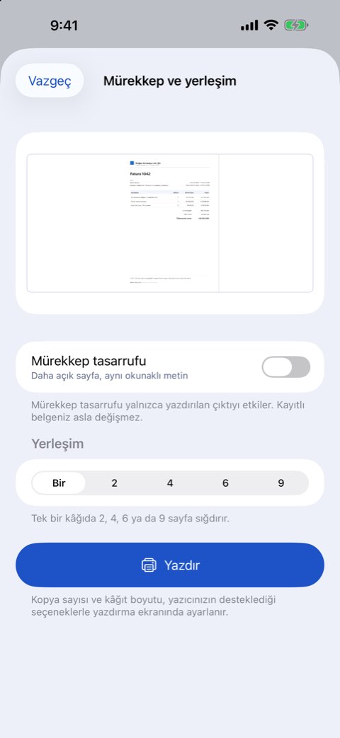 Mürekkep ve yerleşim seçenekleri: kâğıt başına sayfa ve önizlemeli mürekkep tasarrufu