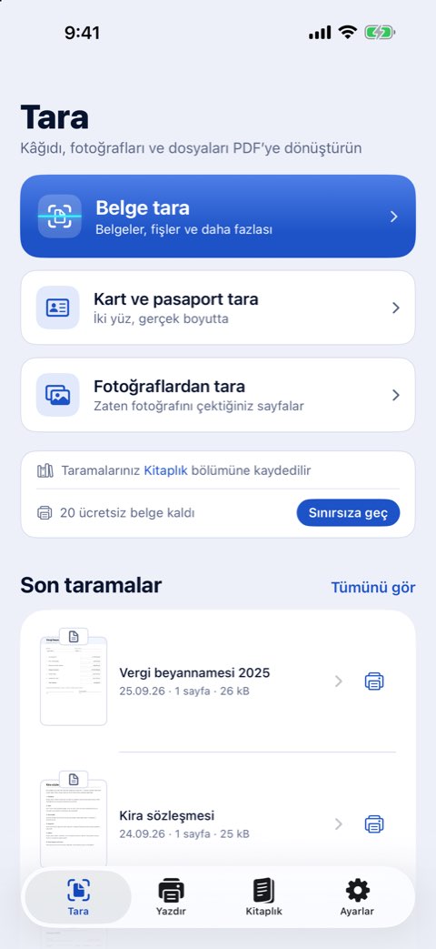 Papiruno’nun Tara sekmesi: Belge tara, Kart ve pasaport tara ve Fotoğraflardan tara