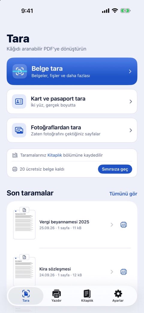 Papiruno’nun Tara ekranı: belge tara, kart ve pasaport tara veya fotoğraflardan tara