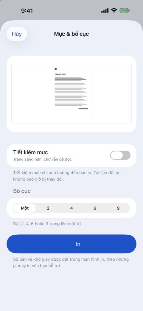 Tùy chọn mực và bố cục khi in tài liệu trong Papiruno