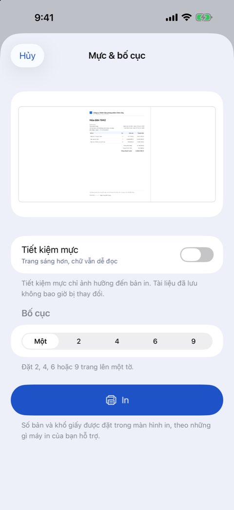 Tùy chọn mực và bố cục: số trang mỗi tờ và tiết kiệm mực có xem trước