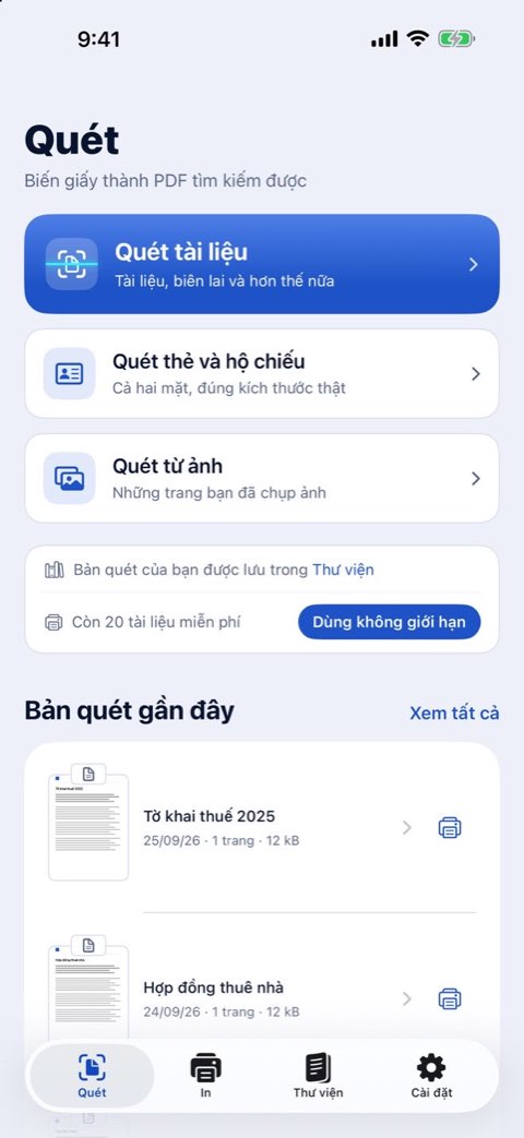 Màn hình Quét của Papiruno: quét tài liệu, quét thẻ và hộ chiếu, hoặc quét từ ảnh
