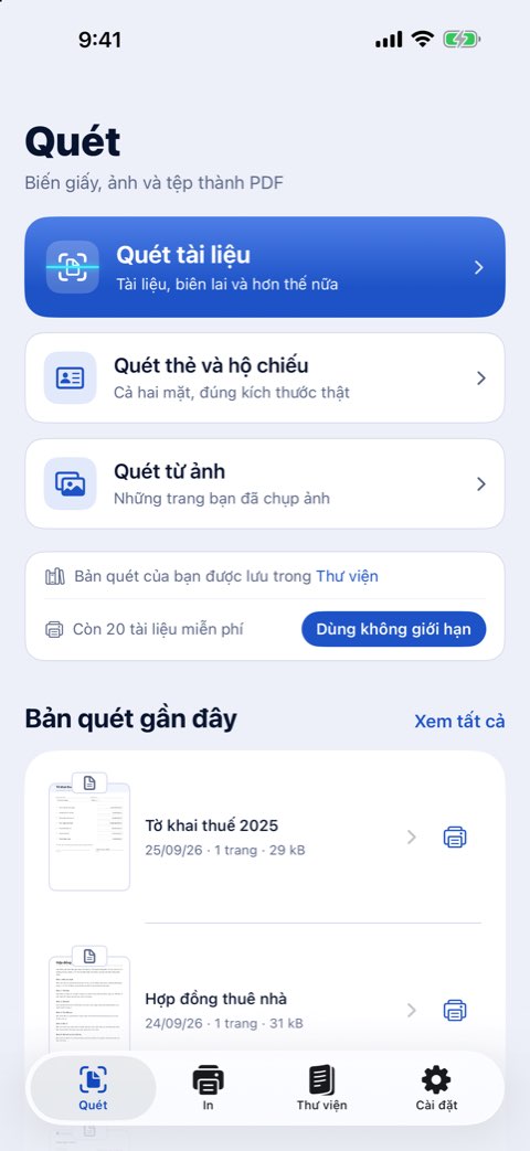 Tab Quét của Papiruno với Quét tài liệu, Quét thẻ và hộ chiếu và Quét từ ảnh